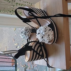 Kate Spade Black/White Stripe Rope Covered Heel